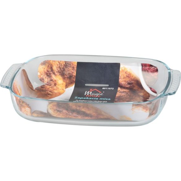 Sütőtál, MagicHome, 3900 ml, átlátszó, 38 × 25,4 × 6,3 cm, téglalap alakú, üveg, sütő- és mikróálló, mosogatógépben mosható, hűtőszekrényben tárolható
