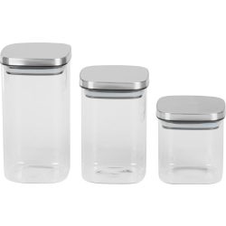   Tárolódoboz szett, MagicHome, átlátszó, 3 db, 800/1100/1500 ml, négyzet alakú, élelmiszerek tárolására, üveg, rozsdamentes acél kupak, mosogatógépben mosható