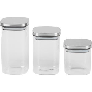 Tárolódoboz szett, MagicHome, átlátszó, 3 db, 800/1100/1500 ml, négyzet alakú, élelmiszerek tárolására, üveg, rozsdamentes acél kupak, mosogatógépben mosható