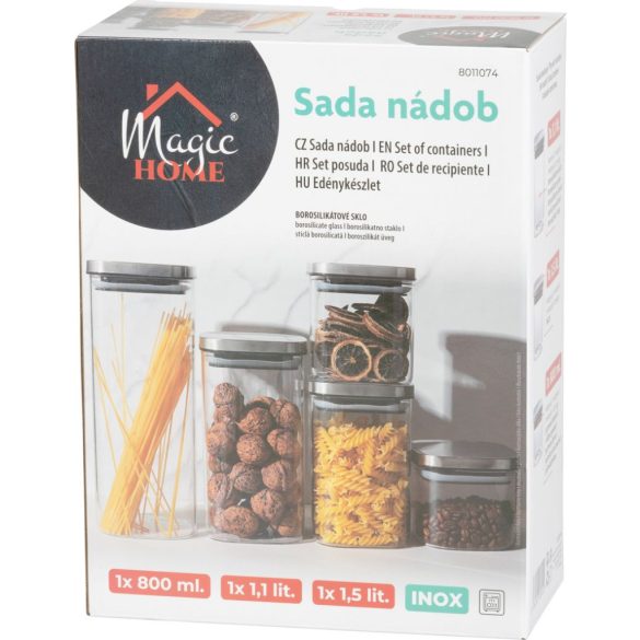 Tárolódoboz szett, MagicHome, átlátszó, 3 db, 800/1100/1500 ml, négyzet alakú, élelmiszerek tárolására, üveg, rozsdamentes acél kupak, mosogatógépben mosható