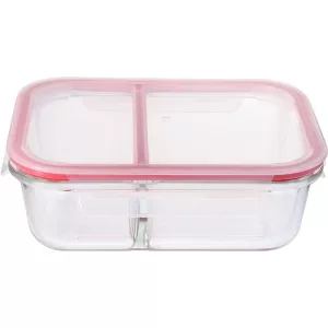 Tárolódoboz, MagicHome, átlátszó, 1,5 l, 22,5 x 17 x 7,5 cm, rekeszes, szilikon tömítés, üveg tál, műanyag fedél