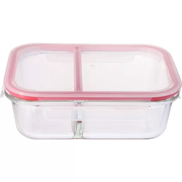 Tárolódoboz, MagicHome, átlátszó, 1,5 l, 22,5 x 17 x 7,5 cm, rekeszes, szilikon tömítés, üveg tál, műanyag fedél