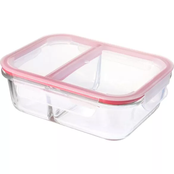 Tárolódoboz, MagicHome, átlátszó, 1,5 l, 22,5 x 17 x 7,5 cm, rekeszes, szilikon tömítés, üveg tál, műanyag fedél