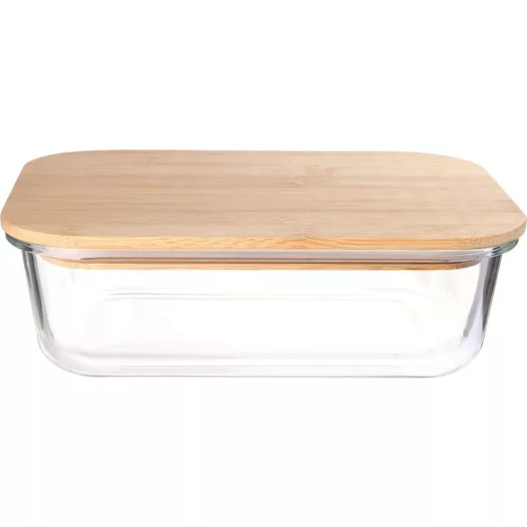 Tárolódoboz, MagicHome, átlátszó, 1,5 l, 22 x 16,6 x 7,3 cm, egymásra rakható, üveg tál, bambusz fedél