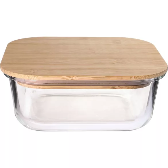 Tárolódoboz, MagicHome, átlátszó, 1,2 l, 17,5 x 17,5 x 7,2 cm, egymásra rakható, üveg tál, bambusz fedél