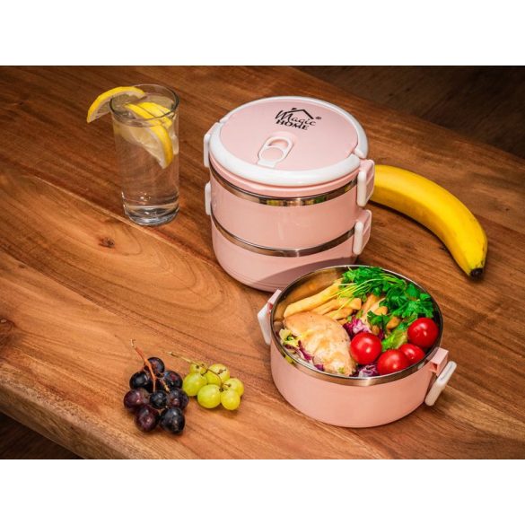 Tárolódoboz szett, MagicHome LB933, rózsaszín, 3 db, 1500 ml (3 x 500 ml), 200 x 150 x 62 mm, kerek, rozsdamentes acél betéttel, gumitömítéssel, légtelenítő szeleppel, hőtartó