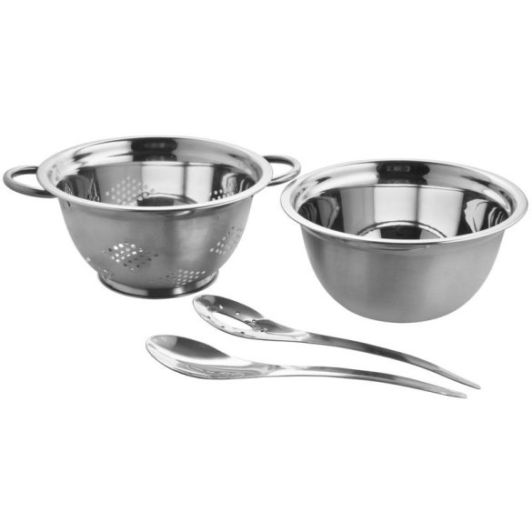 Salátatál készlet, MagicHome, 24 cm, 3 l, 4 részes, rozsdamentes acél, szűrővel és 2 adagoló kanállal, mosogatógépben mosható