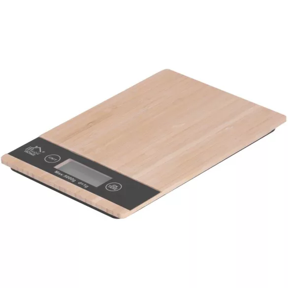 Digitális konyhai mérleg, MagicHome, maximum 5 kg, 23 x 16,5 cm, bambusz és ABS, tára funkció, 1 g pontosság, automatikus kikapcsolás