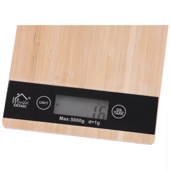 Digitális konyhai mérleg, MagicHome, maximum 5 kg, 23 x 16,5 cm, bambusz és ABS, tára funkció, 1 g pontosság, automatikus kikapcsolás