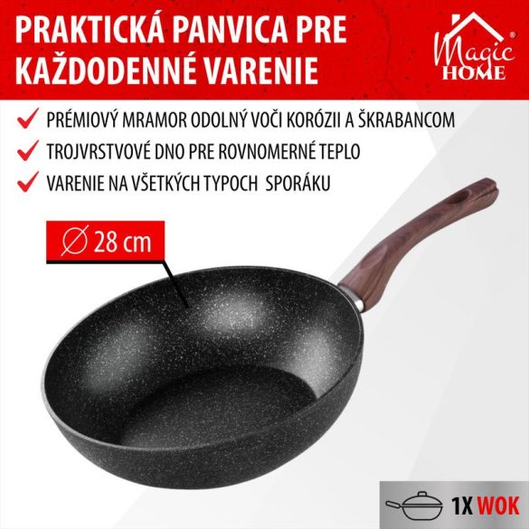 Wok serpenyő, MagicHome Black Marble Line, 28 cm, fekete, márványhatású, tapadásmentes, alumínium, indukciós, mosogatógépben mosható