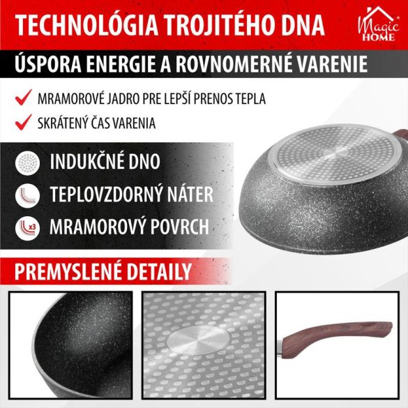 Wok serpenyő, MagicHome Black Marble Line, 28 cm, fekete, márványhatású, tapadásmentes, alumínium, indukciós, mosogatógépben mosható