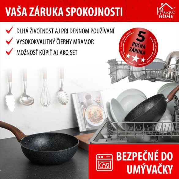 Wok serpenyő, MagicHome Black Marble Line, 28 cm, fekete, márványhatású, tapadásmentes, alumínium, indukciós, mosogatógépben mosható