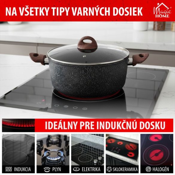 Lábas, MagicHome Black Marble Line, 24 cm, 4 l, fekete, fedővel, tapadásmentes, 3 rétegű márványbevonat, indukciós alj, mosogatógépben mosható