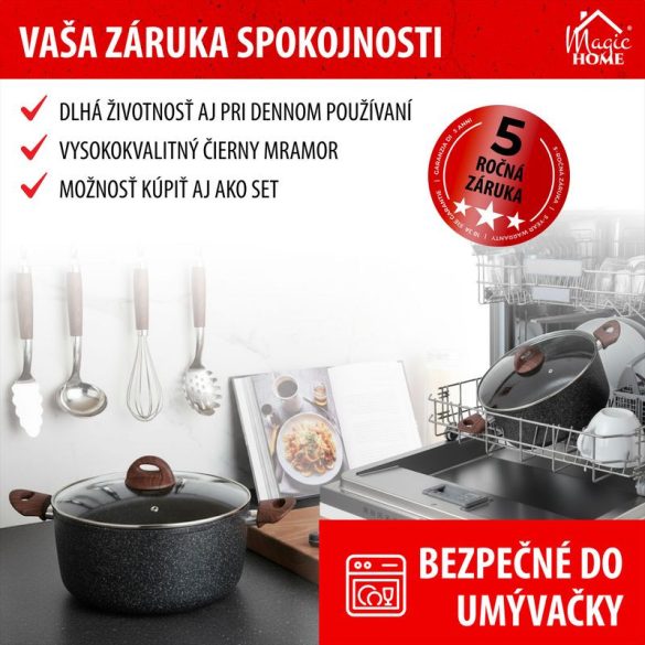 Lábas, MagicHome Black Marble Line, 24 cm, 4 l, fekete, fedővel, tapadásmentes, 3 rétegű márványbevonat, indukciós alj, mosogatógépben mosható