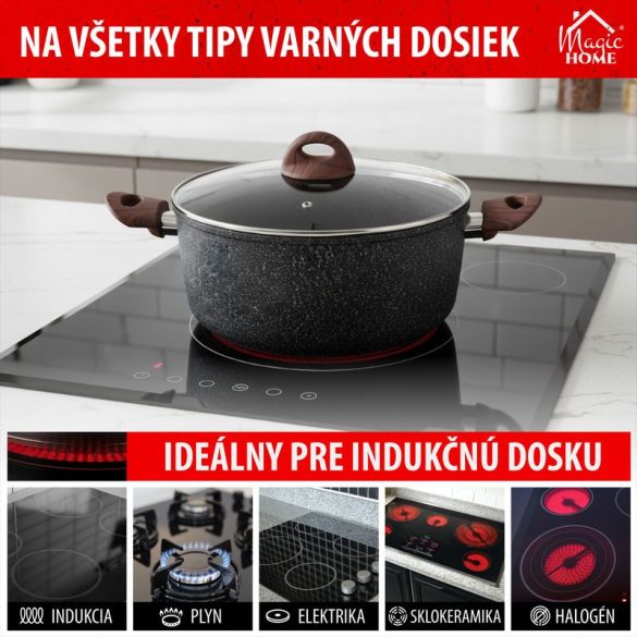 Lábas, MagicHome Black Marble Line, 28 cm, 5,9 l, fekete, fedővel, tapadásmentes, 3 rétegű márványbevonat, indukciós alj, mosogatógépben mosható