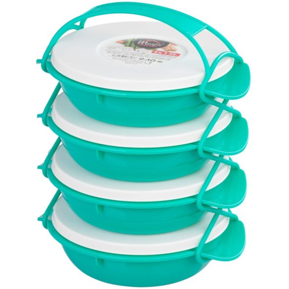 Tárolódoboz szett, MagicHome, türkiz, 4 db, 4000 ml (4 x 1000 ml), 224 x 205 x 295 mm, kerek, műanyag, mosogatógépben mosható, hűtő- és fagyasztóbarát