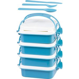 Tárolódoboz szett, MagicHome, kék, 4 db, 800 ml, 160 x 195 x 260 mm, téglalap alakú, evőeszközökkel, műanyag, mosogatógépben mosható