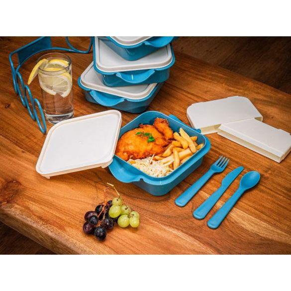 Tárolódoboz szett, MagicHome, kék, 4 db, 800 ml, 160 x 195 x 260 mm, téglalap alakú, evőeszközökkel, műanyag, mosogatógépben mosható