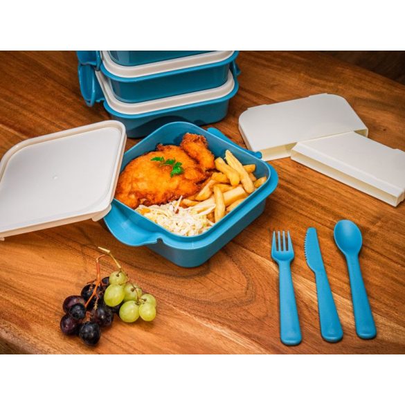 Tárolódoboz szett, MagicHome, kék, 4 db, 800 ml, 160 x 195 x 260 mm, téglalap alakú, evőeszközökkel, műanyag, mosogatógépben mosható