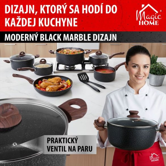 Lábas, MagicHome Black Marble Line, 20 cm, 2,2 l, fekete, fedővel, tapadásmentes, 3 rétegű márványbevonat, indukciós alj, mosogatógépben mosható