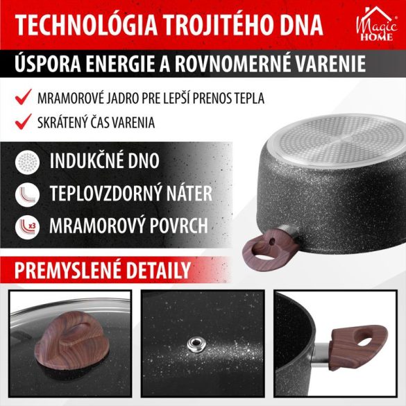 Lábas, MagicHome Black Marble Line, 20 cm, 2,2 l, fekete, fedővel, tapadásmentes, 3 rétegű márványbevonat, indukciós alj, mosogatógépben mosható