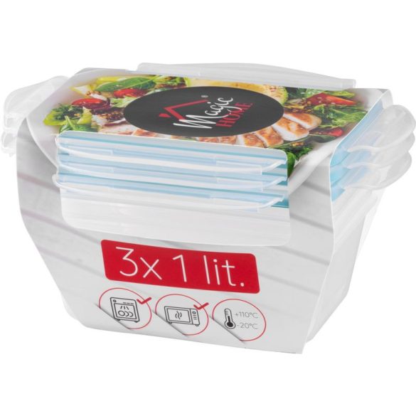 Tárolódoboz szett, MagicHome Lunchbox YH376, átlátszó, 3 db, 1000 ml, 189 x 131 x 77 mm, téglalap alakú, műanyag
