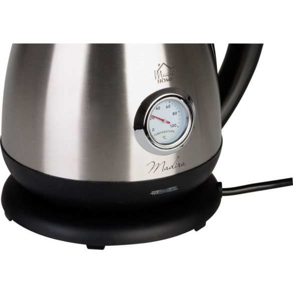 Vízforraló, MagicHome Madira, 1700 ml, ezüst, 1850–2200 W, gyorsforraló, rejtett fűtőszál, hőmérővel, 360°-os talp, kivehető vízkőszűrő, automatikus kikapcsolás