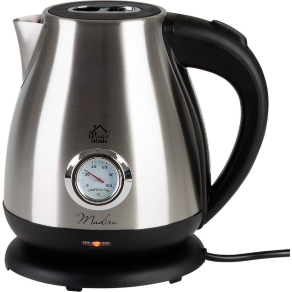 Vízforraló, MagicHome Madira, 1700 ml, ezüst, 1850–2200 W, gyorsforraló, rejtett fűtőszál, hőmérővel, 360°-os talp, kivehető vízkőszűrő, automatikus kikapcsolás