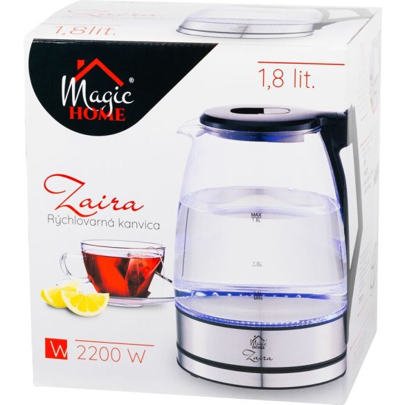 Vízforraló, MagicHome Zaira, 1800 ml, átlátszó, 1850–2200 W, gyorsforraló, rejtett fűtőszál, 360°-os talp, kivehető vízkőszűrő, automatikus kikapcsolás