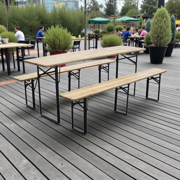 Strend Pro Dortmund Standard3 sörpad szett, 175 x 45 x 75 cm, barna, összecsukható fém lábakkal, lakkozott fa felülettel, kültéri használatra