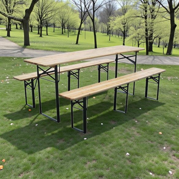 Strend Pro Dortmund Standard3 sörpad szett, 175 x 45 x 75 cm, barna, összecsukható fém lábakkal, lakkozott fa felülettel, kültéri használatra