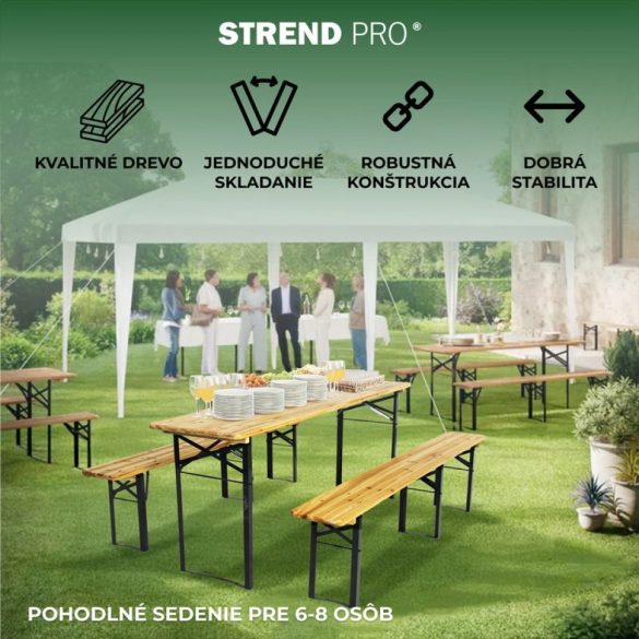 Strend Pro Dortmund Standard3 sörpad szett, 175 x 45 x 75 cm, barna, összecsukható fém lábakkal, lakkozott fa felülettel, kültéri használatra