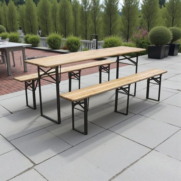 Strend Pro Dortmund Medium3 sörpad szett, 200 x 50 x 77 cm, barna, összecsukható fém lábakkal, lakkozott fa felülettel, kültéri használatra