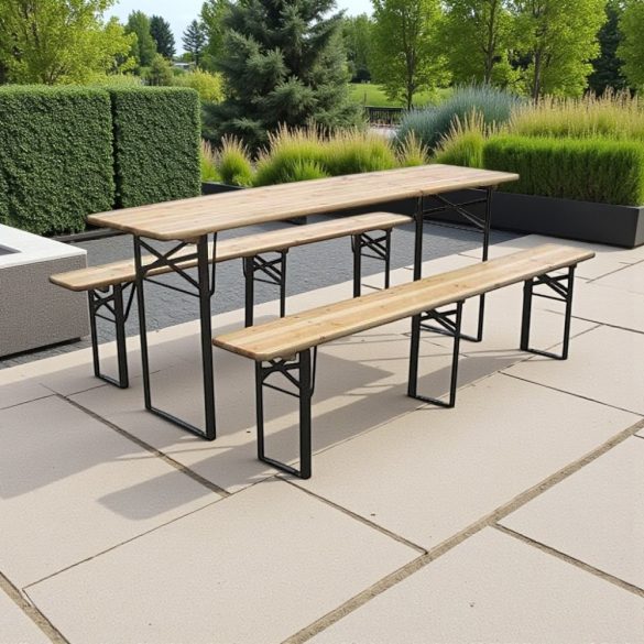 Strend Pro Dortmund Medium3 sörpad szett, 200 x 50 x 77 cm, barna, összecsukható fém lábakkal, lakkozott fa felülettel, kültéri használatra