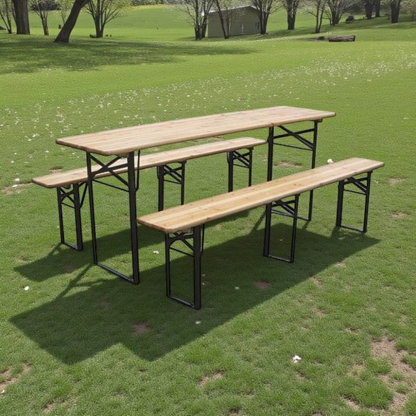 Strend Pro Dortmund Medium3 sörpad szett, 200 x 50 x 77 cm, barna, összecsukható fém lábakkal, lakkozott fa felülettel, kültéri használatra