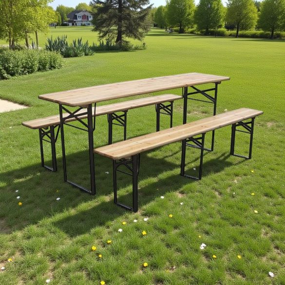 Strend Pro Dortmund Medium3 sörpad szett, 200 x 50 x 77 cm, barna, összecsukható fém lábakkal, lakkozott fa felülettel, kültéri használatra