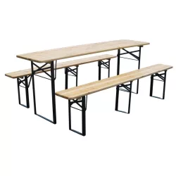   Strend Pro Dortmund Max sörpad szett, 220 x 70 x 75 cm, barna, összecsukható fém lábakkal, lakkozott fa felülettel, kültéri használatra