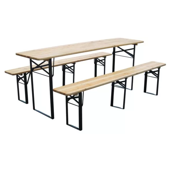 Strend Pro Dortmund Max sörpad szett, 220 x 70 x 75 cm, barna, összecsukható fém lábakkal, lakkozott fa felülettel, kültéri használatra
