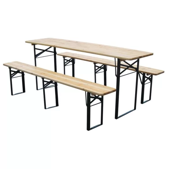 Strend Pro Dortmund Max sörpad szett, 220 x 70 x 75 cm, barna, összecsukható fém lábakkal, lakkozott fa felülettel, kültéri használatra