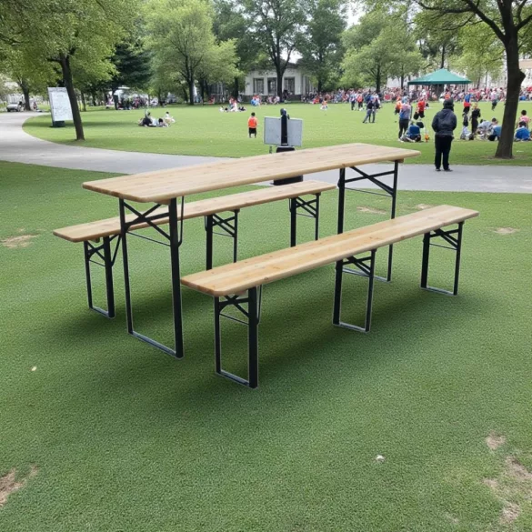 Strend Pro Dortmund Max sörpad szett, 220 x 70 x 75 cm, barna, összecsukható fém lábakkal, lakkozott fa felülettel, kültéri használatra
