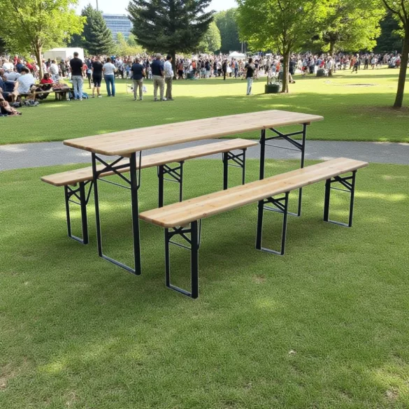 Strend Pro Dortmund Max sörpad szett, 220 x 70 x 75 cm, barna, összecsukható fém lábakkal, lakkozott fa felülettel, kültéri használatra