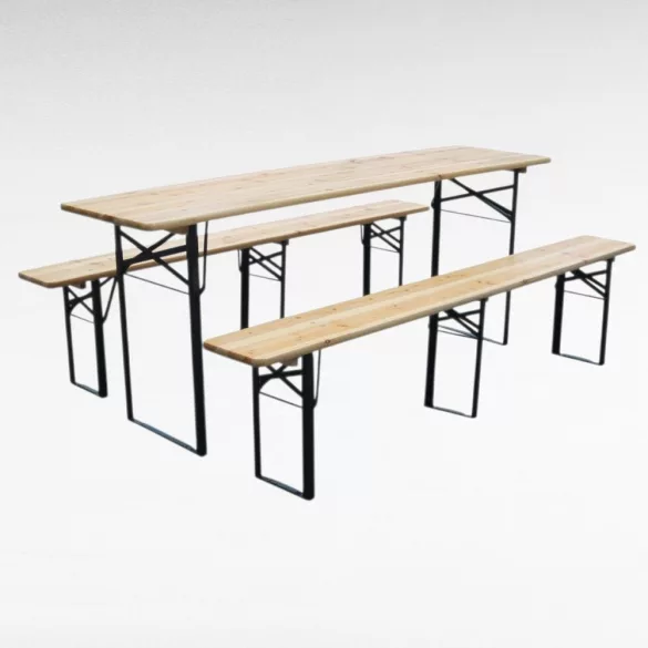 Strend Pro Dortmund Max sörpad szett, 220 x 70 x 75 cm, barna, összecsukható fém lábakkal, lakkozott fa felülettel, kültéri használatra