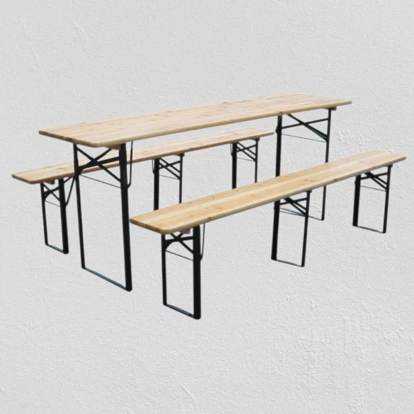 Strend Pro Dortmund Max sörpad szett, 220 x 70 x 75 cm, barna, összecsukható fém lábakkal, lakkozott fa felülettel, kültéri használatra