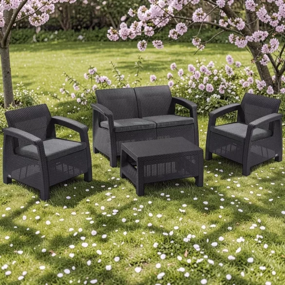 Kerti bútor szett, Keter Corfu, sötétszürke, műrattan hatású, időjárásálló, UV-álló, párnákkal, 4 db, kanapé, 2 fotel, asztal