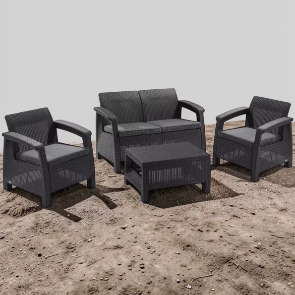 Kerti bútor szett, Keter Corfu, sötétszürke, műrattan hatású, időjárásálló, UV-álló, párnákkal, 4 db, kanapé, 2 fotel, asztal