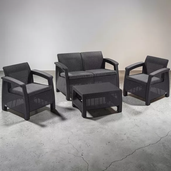 Kerti bútor szett, Keter Corfu, sötétszürke, műrattan hatású, időjárásálló, UV-álló, párnákkal, 4 db, kanapé, 2 fotel, asztal