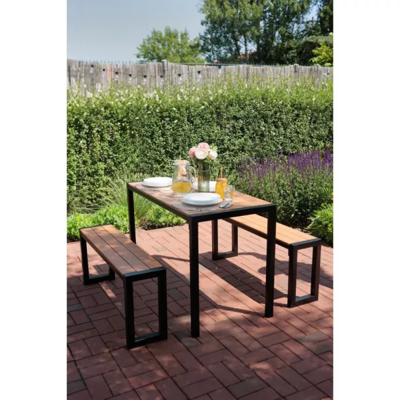 Strend Pro Gardiva kerti asztal és pad garnitúra, 118 x 58 x 75,5 cm, barna, masszív fémvázas fa kialakítás, kültéri használatra