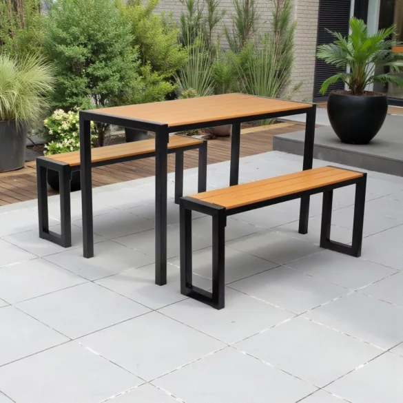Strend Pro Gardiva kerti asztal és pad garnitúra, 118 x 58 x 75,5 cm, barna, masszív fémvázas fa kialakítás, kültéri használatra