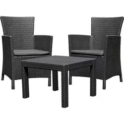   Kerti bútor szett, Keter Rosario, sötétszürke, rattan hatású polipropilén, UV-álló, 3 db, asztal 43 x 59 x 59 cm, 2 fotel, párnákkal