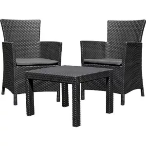 Kerti bútor szett, Keter Rosario, sötétszürke, rattan hatású polipropilén, UV-álló, 3 db, asztal 43 x 59 x 59 cm, 2 fotel, párnákkal